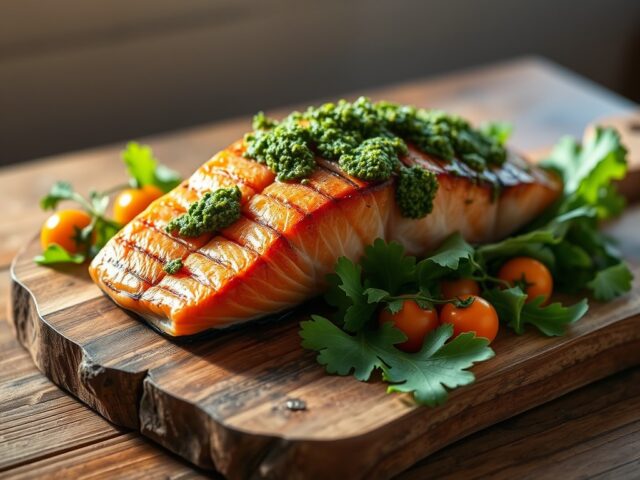 Zalmfilet op een plank gegrild met kruidenpesto