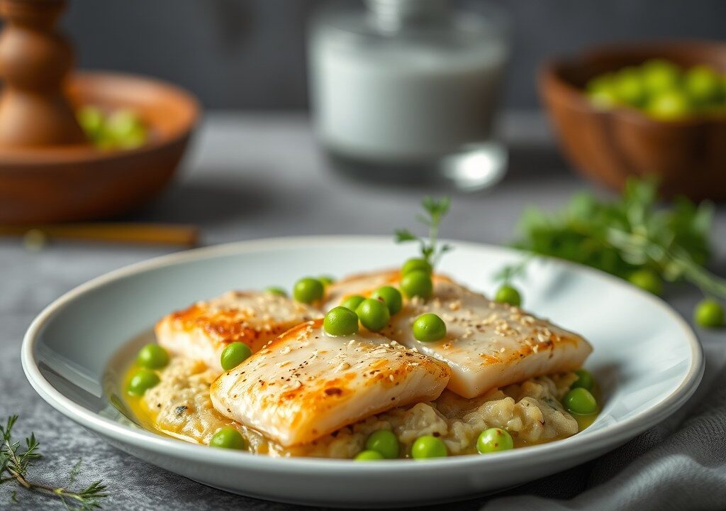 Zalmfilets in Sesam met Doperwtenpuree, AI-gegenereerde illustratie