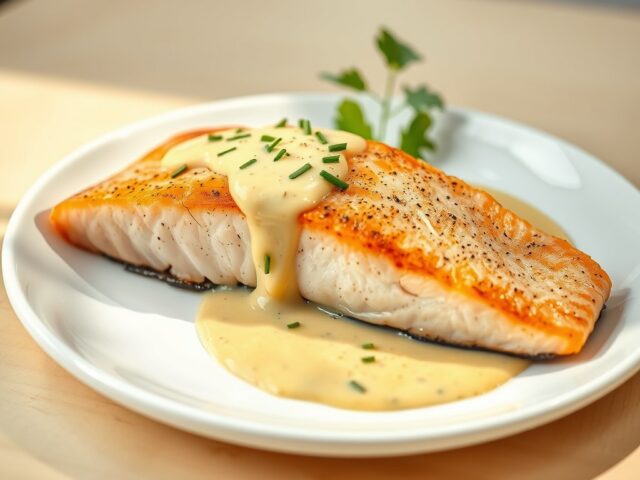 Zalmforel en mosterdsaus met bieslook