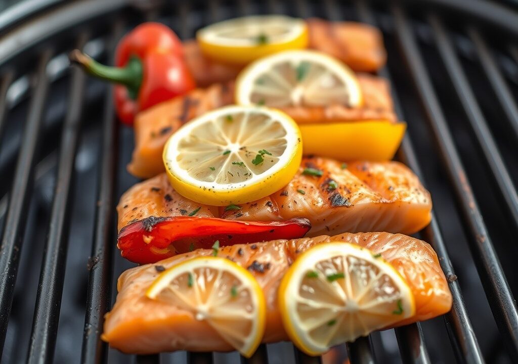 Zalmpakjes op de grill — AI-gegenereerde illustratie
