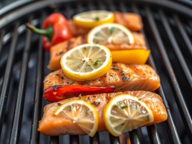 Zalmpakjes op de grill — AI-gegenereerde illustratie