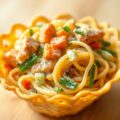 Zalmpasta in een parmazaanmandje