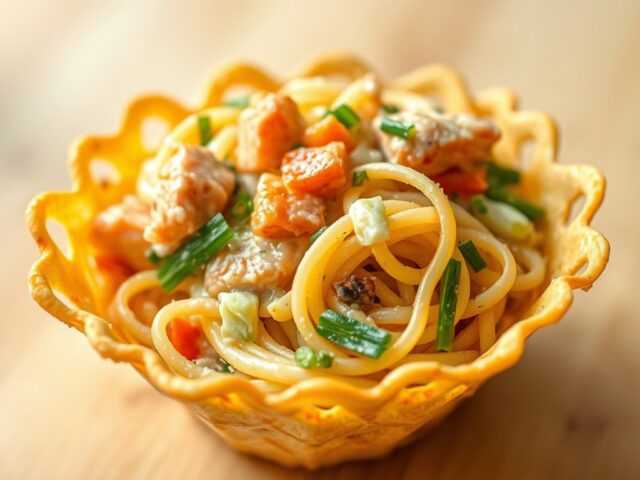 Zalmpasta in een parmazaanmandje