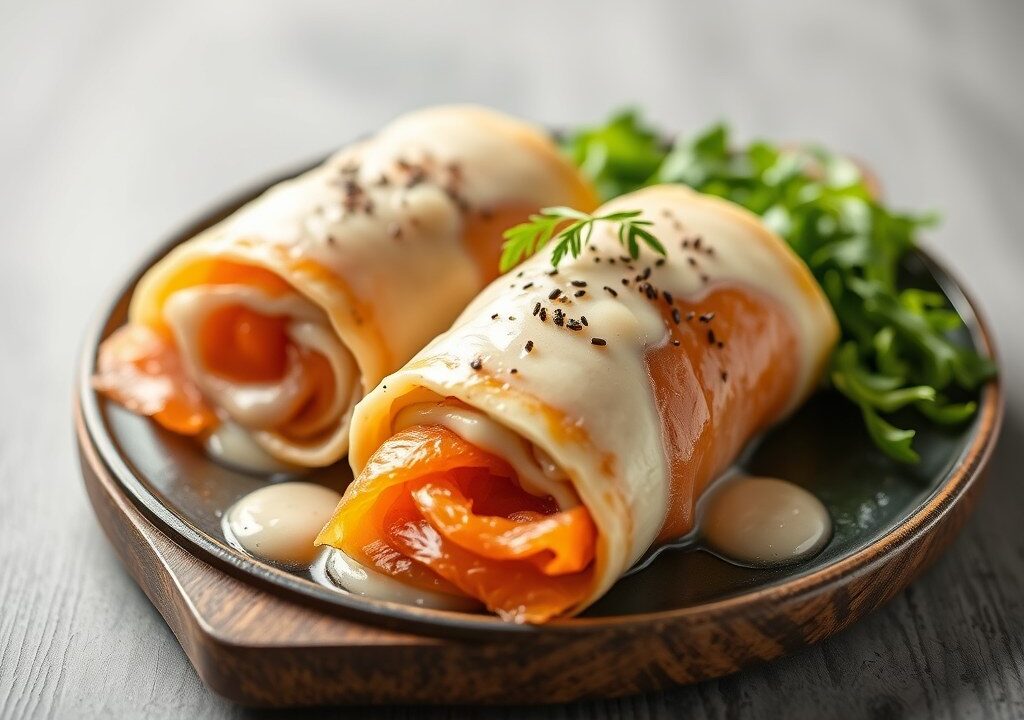 Zalmrolletje met kruidenkaas met honingmosterd, AI-gegenereerde illustratie