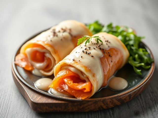 Zalmrolletje met kruidenkaas met honingmosterd