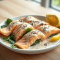 Zalmrolletjes in romige knoflooksaus