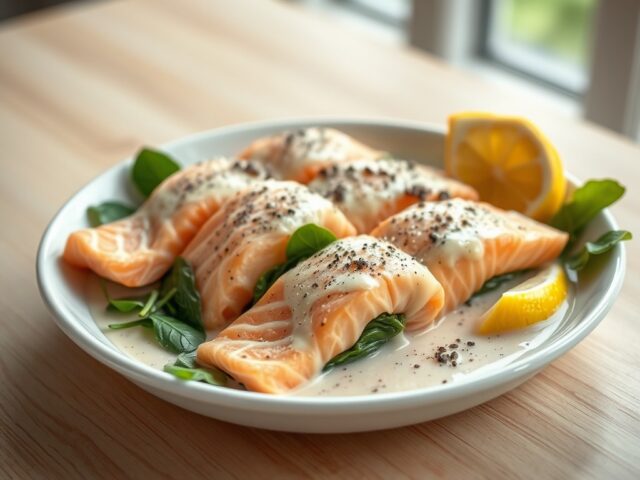 Zalmrolletjes in romige knoflooksaus