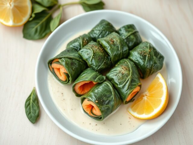 Zalmrolletjes in romige knoflooksaus
