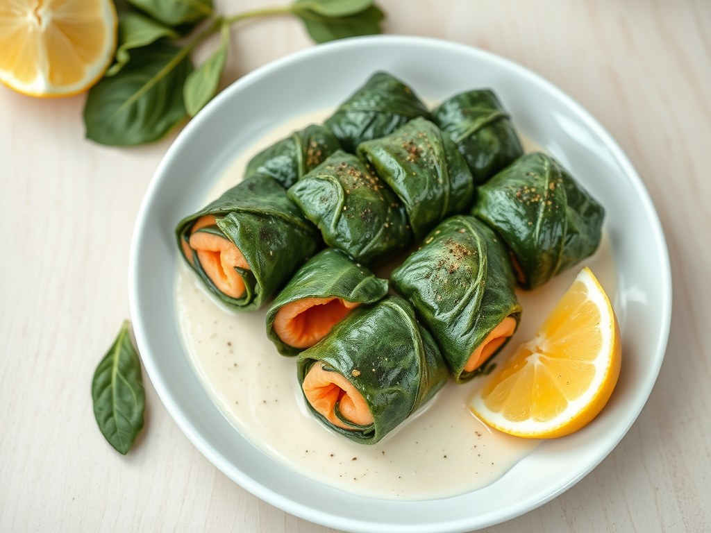 Zalmrolletjes in romige knoflooksaus, AI-gegenereerde illustratie