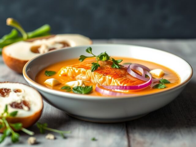 Zalmsoep met paprika en Roquefort — AI-gegenereerde illustratie
