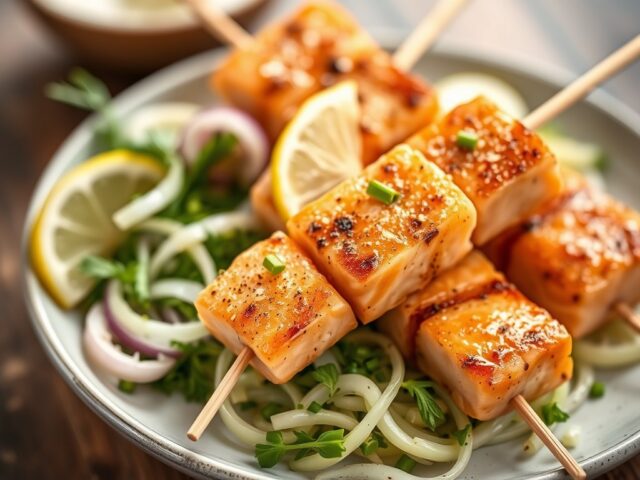 Zalmspiesjes met venkelsalade