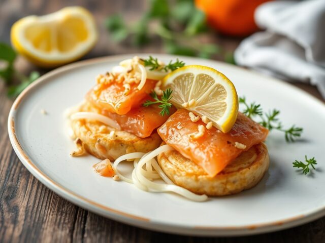 Zalmspiesjes met venkelsalade — AI-gegenereerde illustratie