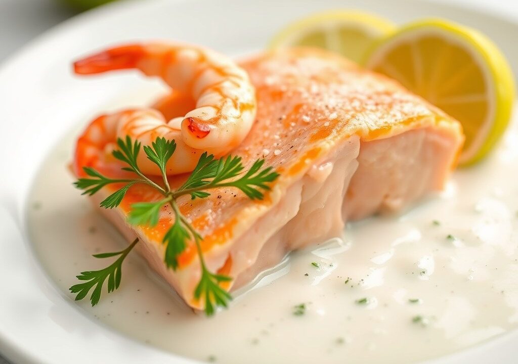 Zalmtaartje met garnalen en limoencrème, AI-gegenereerde illustratie