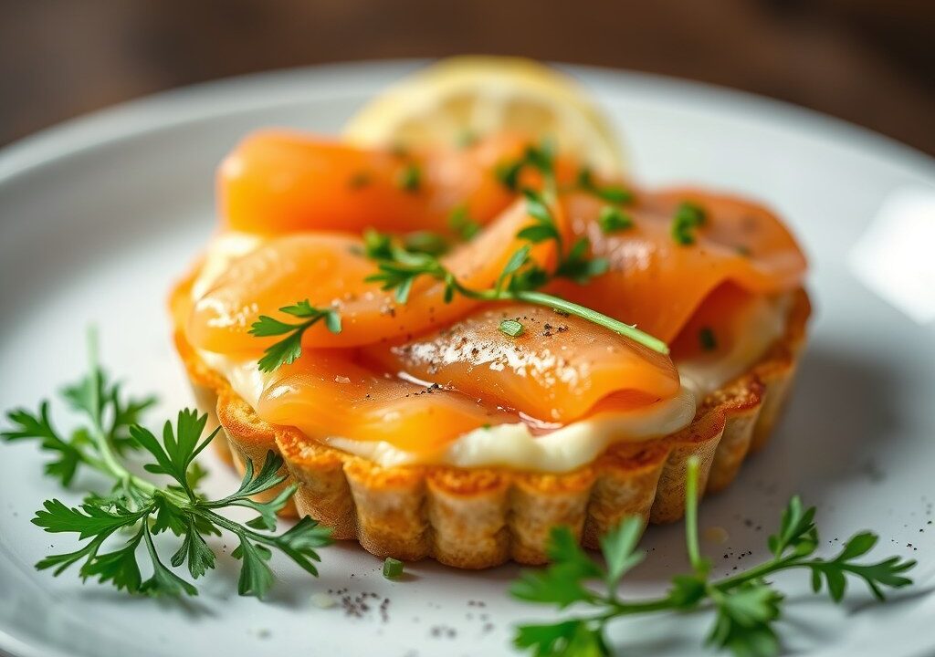 Zalmtartaar met gerookte zalm, kruiden, kappertjes, AI-gegenereerde illustratie