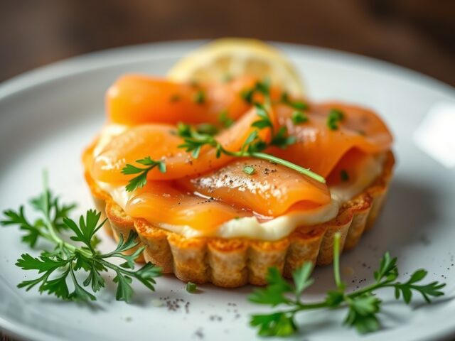 Zalmtartaar met gerookte zalm, kruiden, kappertjes — AI-gegenereerde illustratie