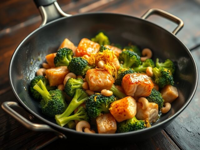 Zalmwok met broccoli en cashewnoten