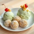 Zatte golfballen met pistache ijs en gekonfijte ke