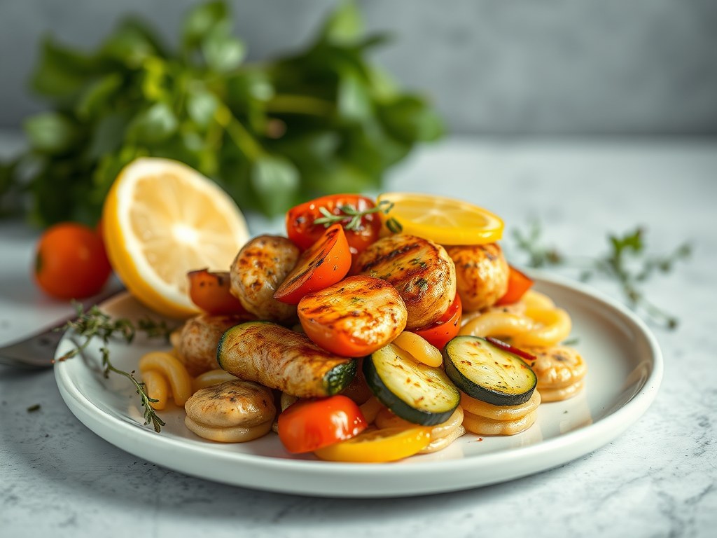 Zeebaars met gegrilde courgette, paprika, citroen, AI-gegenereerde illustratie