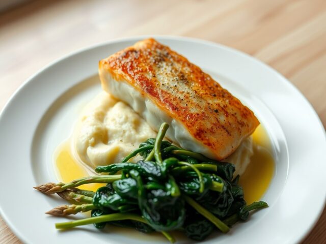 Zeebaarsfilet met aardappelmousseline en gestoofde spinazie