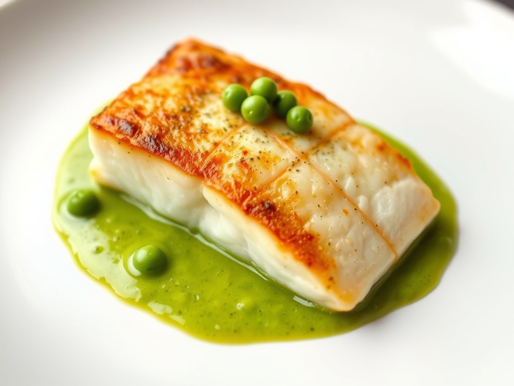 Zeebaarsfilet met erwtensaus, AI-gegenereerde illustratie