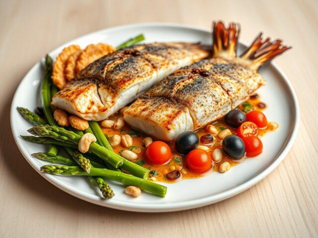 Zeebarbeel met vinaigrette italienne en tempura van groene asperges