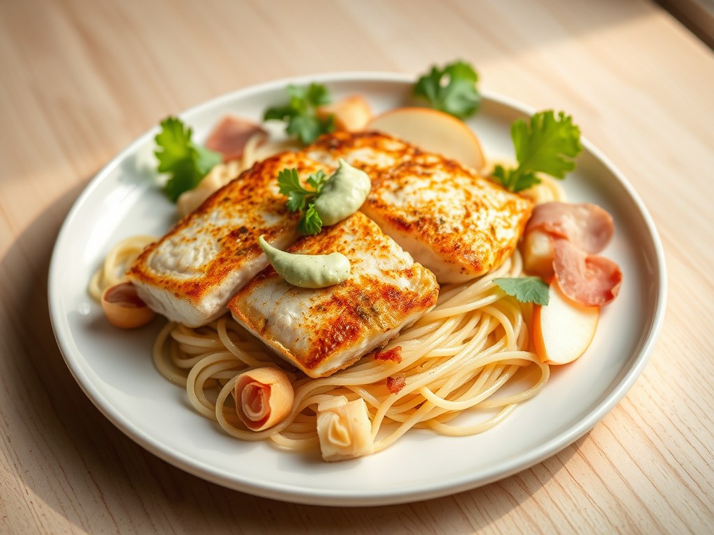 Zeeduivel met artisjok, Gandaham, appel en avocadomayonaise, AI-gegenereerde illustratie