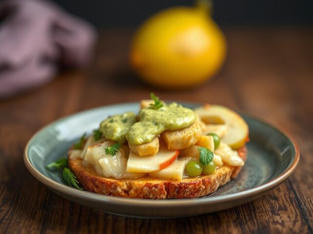 Zeeduivel met artisjok, Gandaham, appel en avocadomayonaise — AI-gegenereerde illustratie