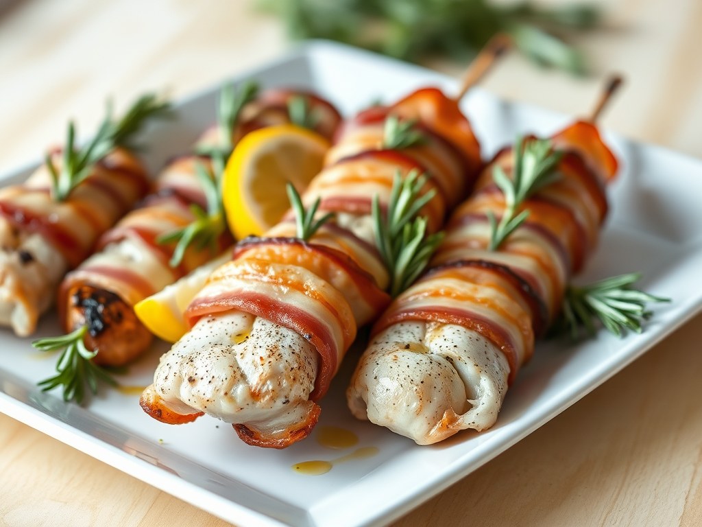 Zeeduivelspiesjes met bacon en rozemarijn, AI-gegenereerde illustratie