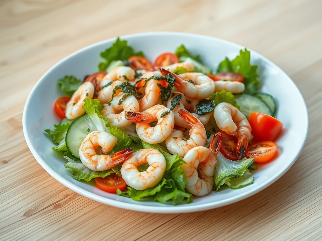 Zeeuwsesalade met zeeuwse garnalen en gegrilde scampie’s met zeewierdressing, AI-gegenereerde illustratie