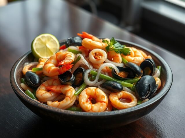 Zeevruchten met snijboontjes uit de wok