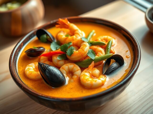 Zeevruchtencurry met gember en sperziebonen