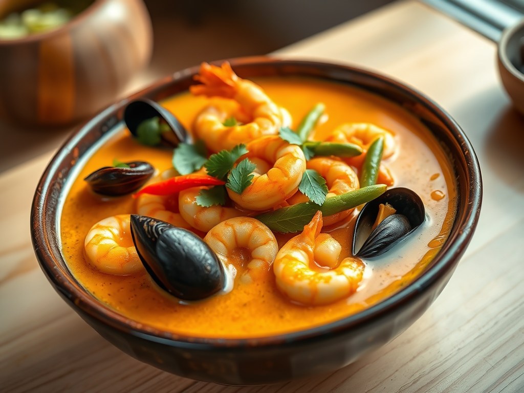 Zeevruchtencurry met gember en sperziebonen, AI-gegenereerde illustratie