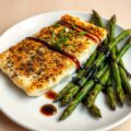 Zeewolf in tartuffiakorst met gebakken groene asperges in balsamico-vinaigrette