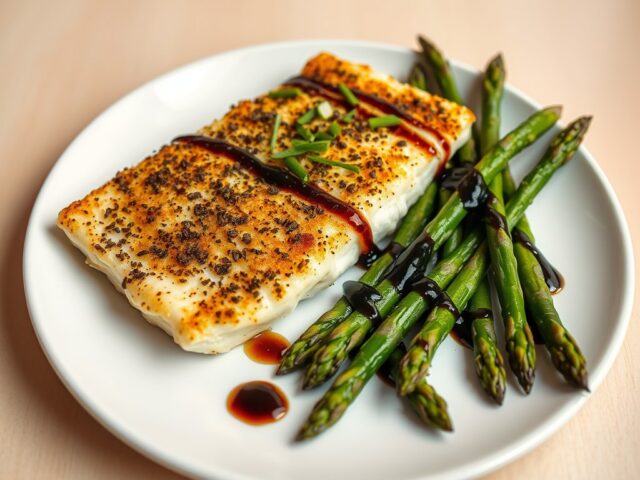 Zeewolf in tartuffiakorst met gebakken groene asperges in balsamico-vinaigrette