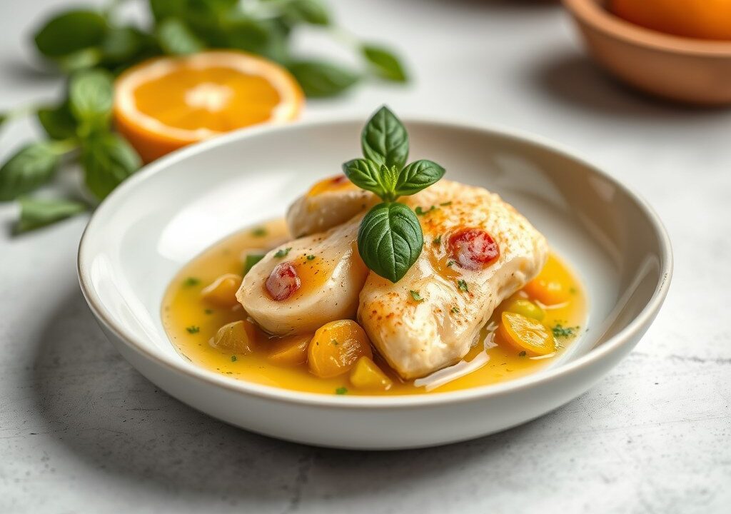 Zeewolf met peultjes en citrus-basilicumsaus, AI-gegenereerde illustratie