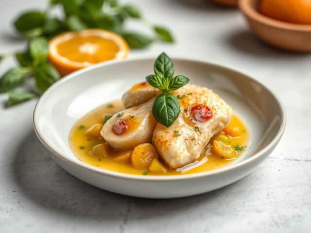 Zeewolf met peultjes en citrus-basilicumsaus — AI-gegenereerde illustratie