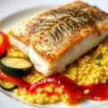 Zeewolf met saffraanrisotto, courgettes, gekonfijte paprika’s en chorizosaus