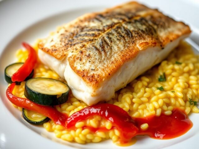 Zeewolf met saffraanrisotto, courgettes, gekonfijte paprika’s en chorizosaus