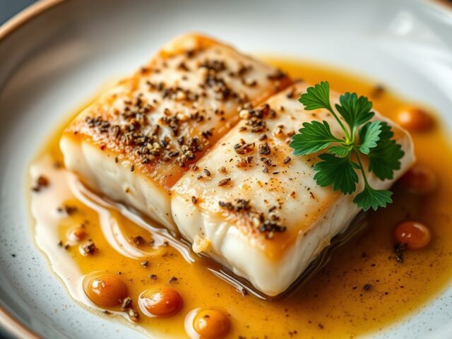 Zeewolffilet met gekruid livarspek en een petersel