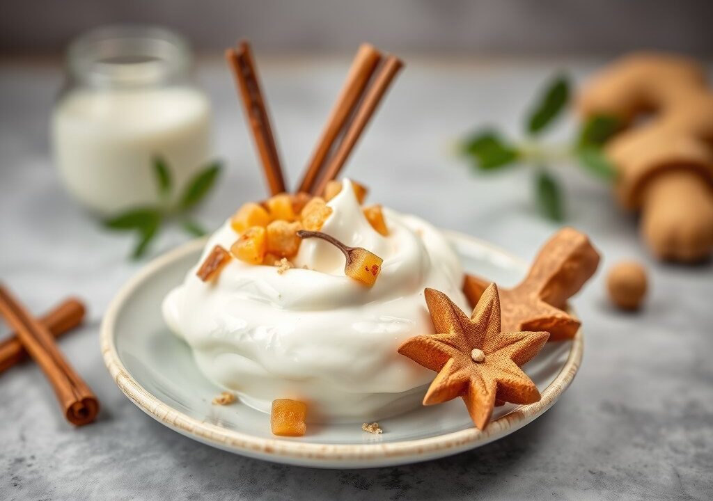 Zelf gevanilleerde yoghurt en moes van rabarber, aardbei en gember — AI-gegenereerde illustratie