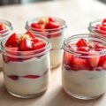 Zelf gevanilleerde yoghurt en moes van rabarber, aardbei en gember