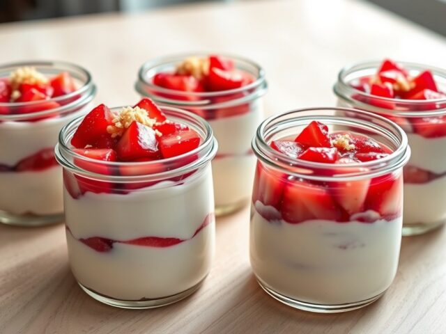 Zelf gevanilleerde yoghurt en moes van rabarber, aardbei en gember