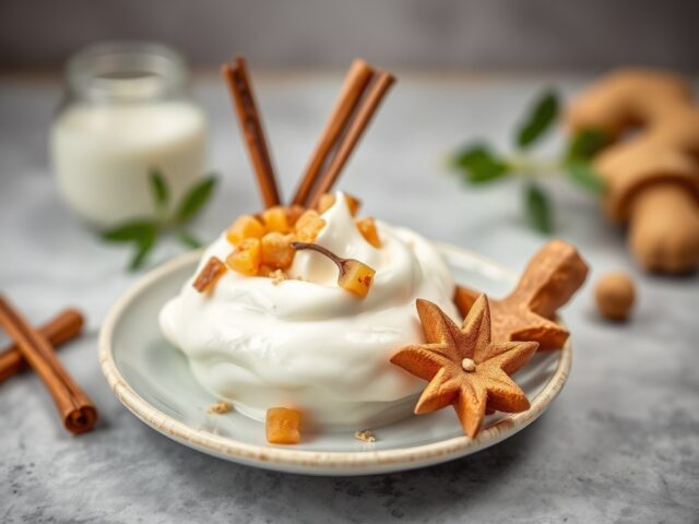 Zelf gevanilleerde yoghurt en moes van rabarber, aardbei en gember — AI-gegenereerde illustratie