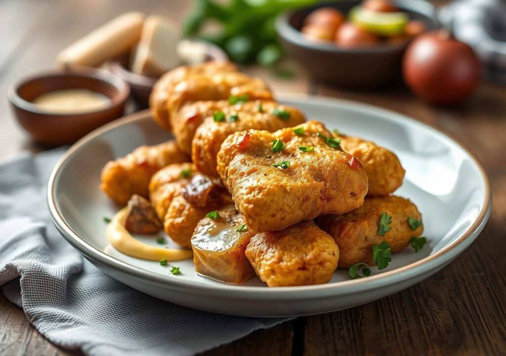 Zelfgemaakte frikadel met tomaatjes uit de oven, AI-gegenereerde illustratie