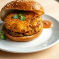 Zelfgemaakte kipkerrieburgers op sesambollen
