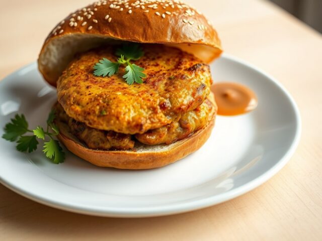 Zelfgemaakte kipkerrieburgers op sesambollen