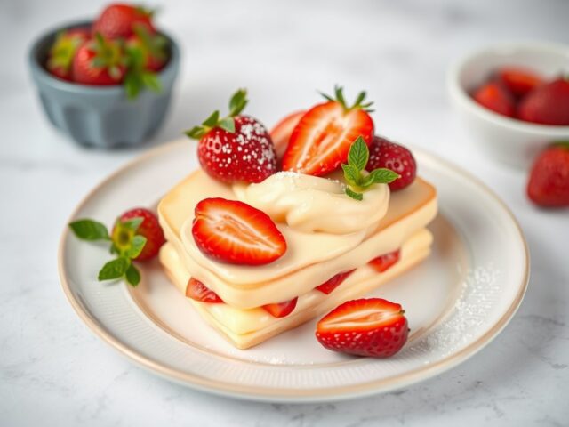 Zelfgemaakte vanillevla met aardbeien