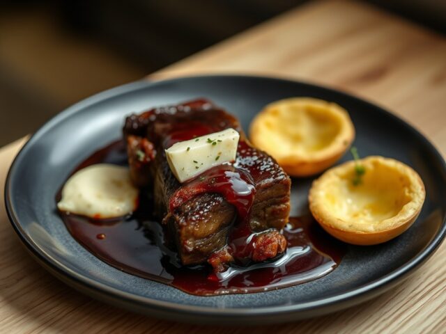 Zesrib met gorgonzola en aardappelblini’s
