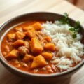 Zoete aardappel en rode linzencurry