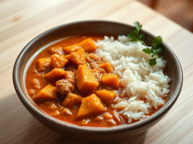 Zoete aardappel en rode linzencurry